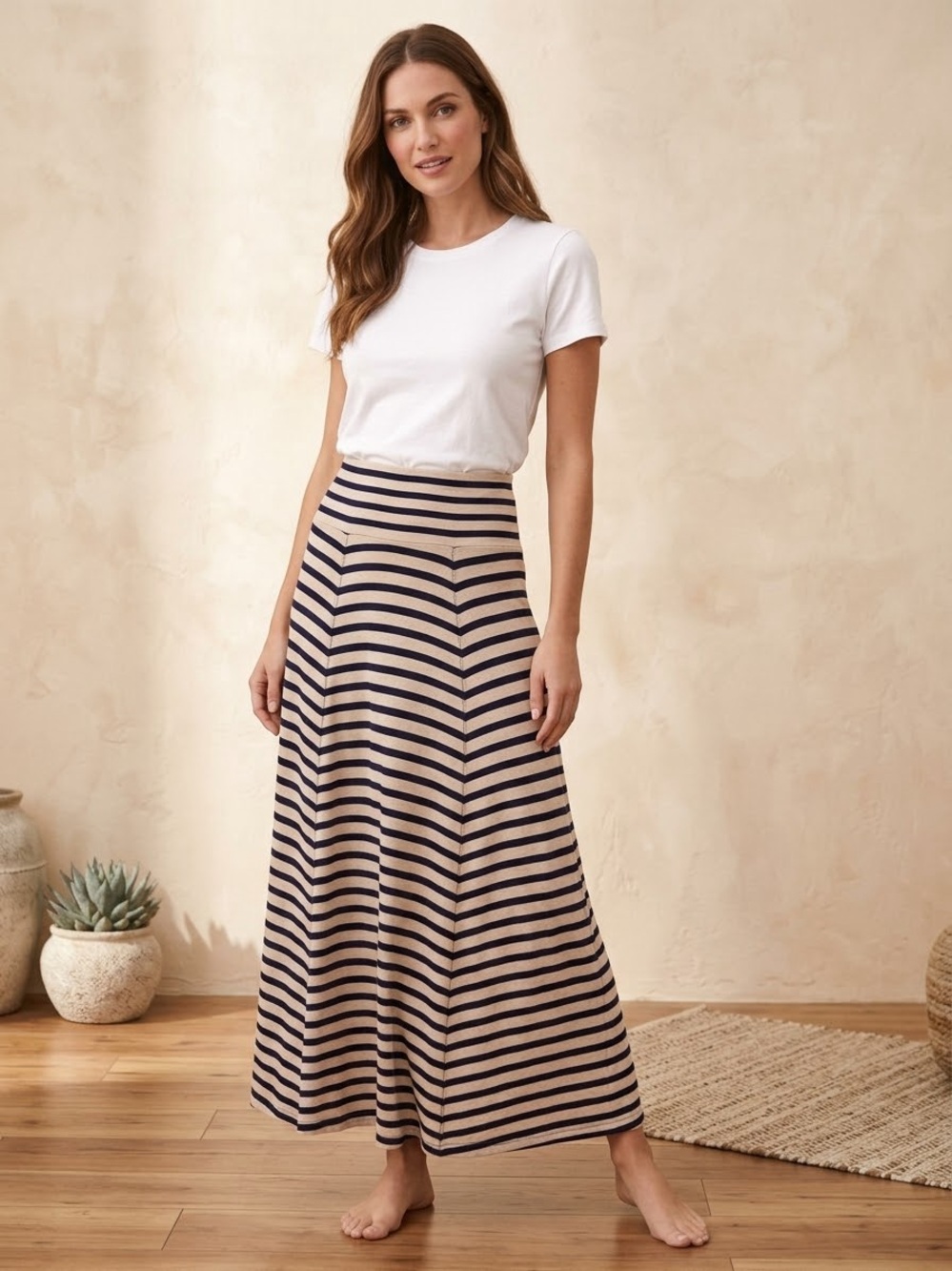 GAP Beige and Navy Striped Maxi Skirt